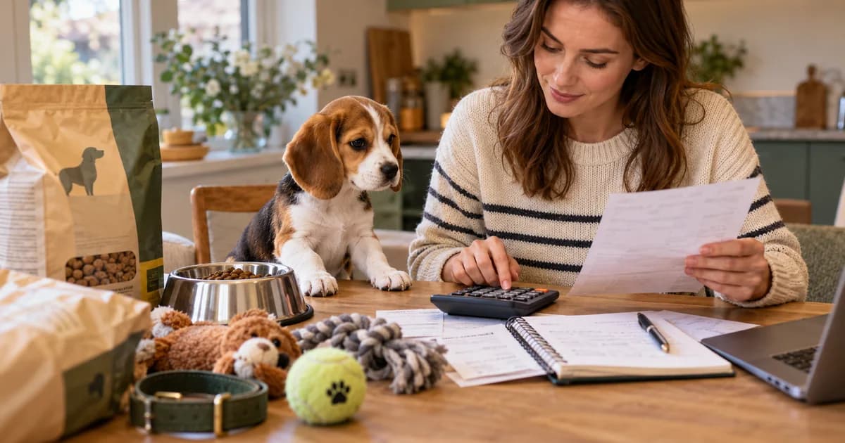 Puppy owner using a calculator with dog-food receipts and supplies at a kitchen table