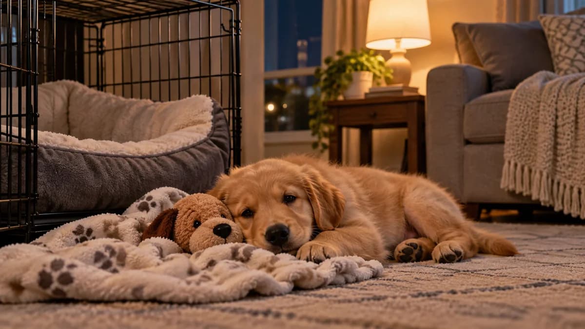 Sleepy golden puppy lying beside its soft toy in a warm living room
