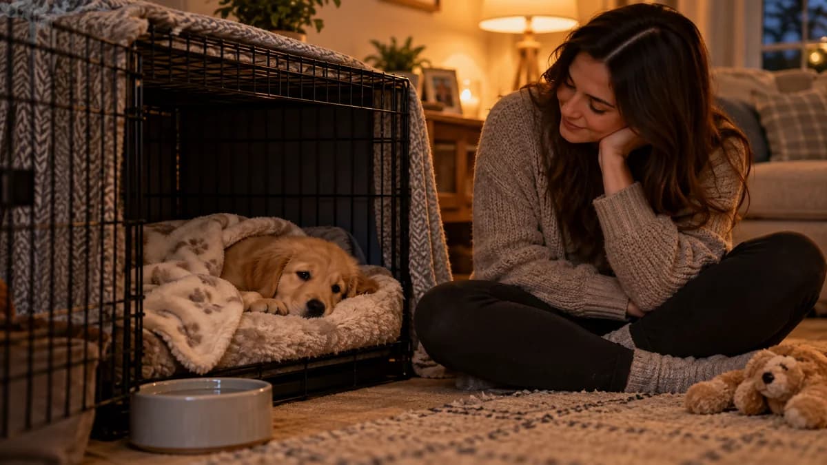 Owner quietly watching over a resting puppy in its bed beside a crate