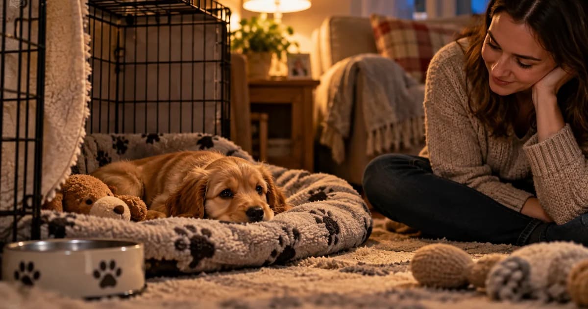 Golden puppy resting under a soft blanket near a cosy crate in lamplight