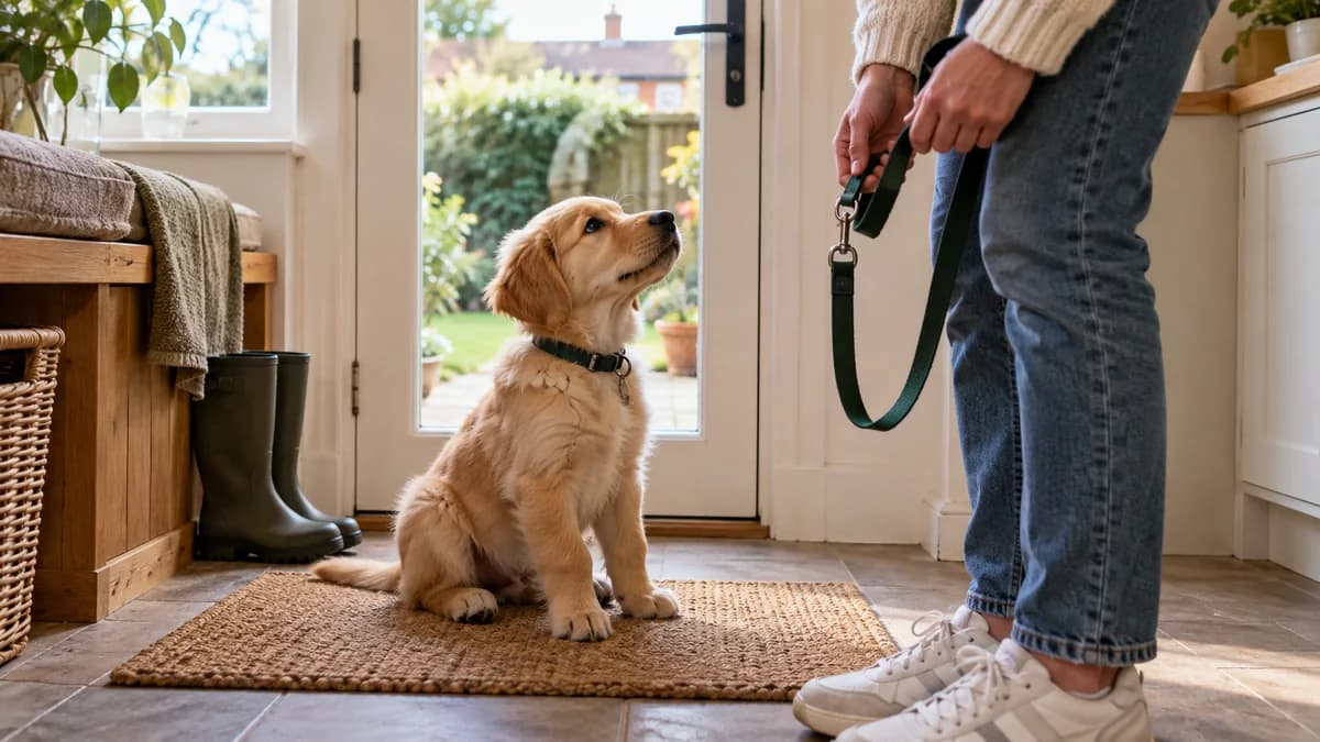Golden puppy waiting by the door as owner prepares for an outdoor toilet trip