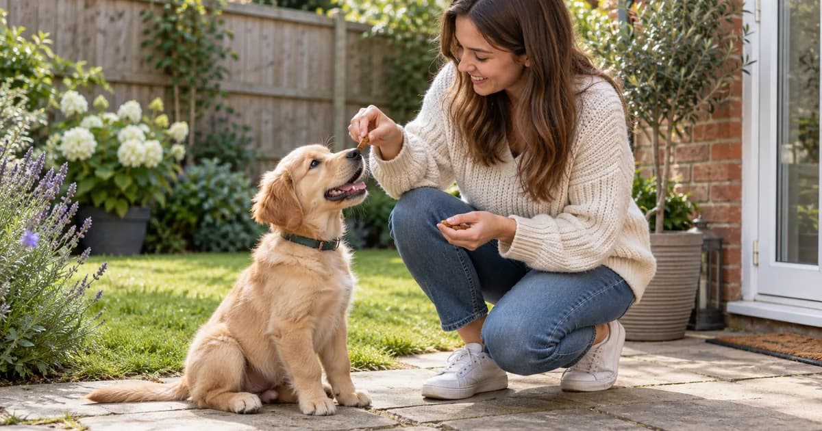 Owner calmly rewarding a golden puppy during toilet training in a safe UK garden