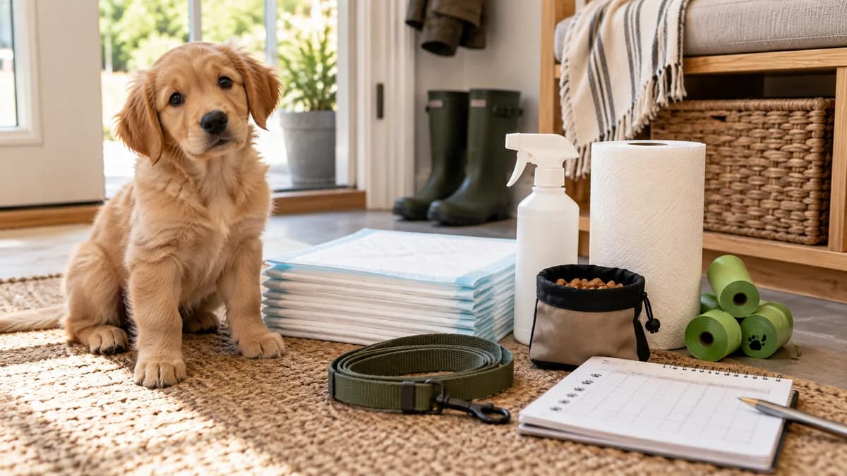 Puppy beside cleaning supplies, puppy pads and a training log near the house entrance