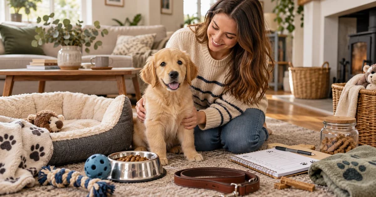 New puppy at home beside its bed, bowls and checklist while owner gets ready for their first year