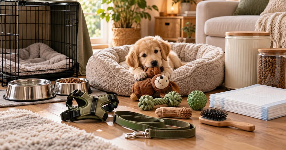 Golden puppy resting among dog beds, toys, bowls, lead and grooming items ready for a new home