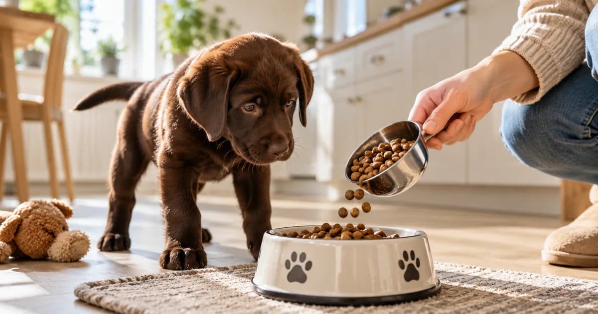 Chocolate Labrador puppy looking at a measured bowl of kibble in a warm kitchen