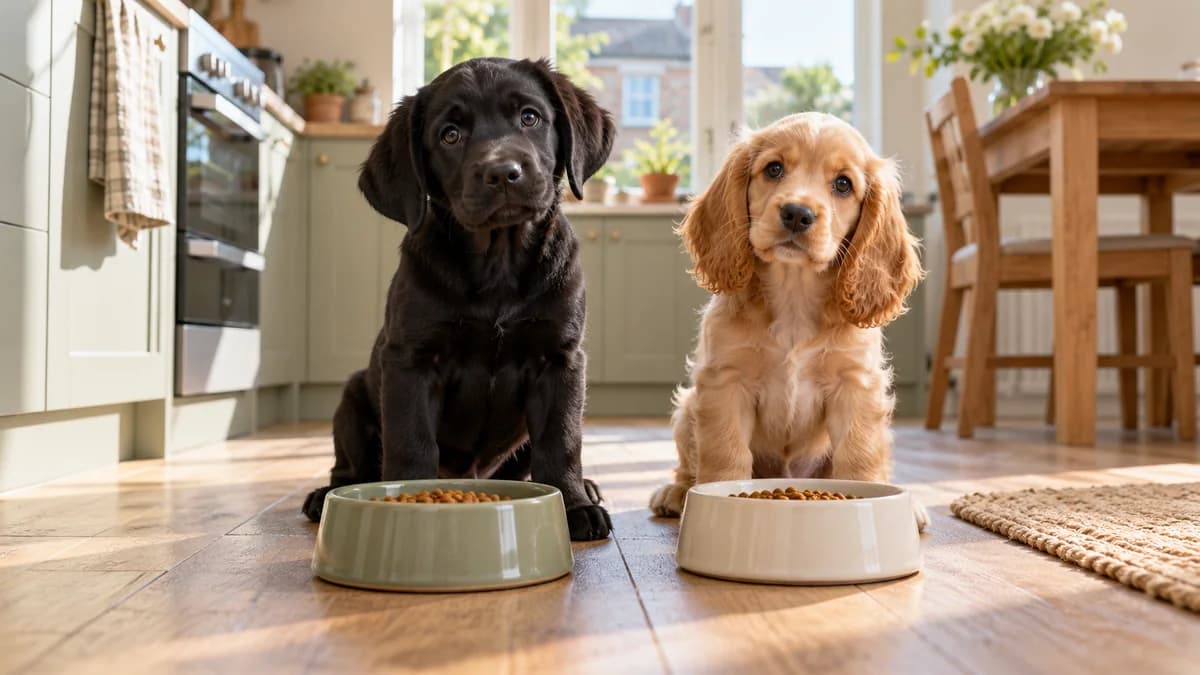 Two puppies calmly waiting beside their own food bowls in a sunny kitchen