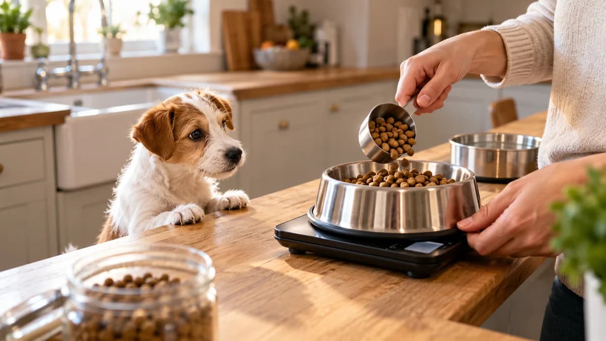 Owner weighing puppy kibble into a dog bowl on a digital food scale