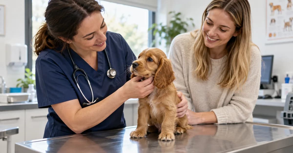 Vet gently checking a golden puppy in a clinic with the owner present