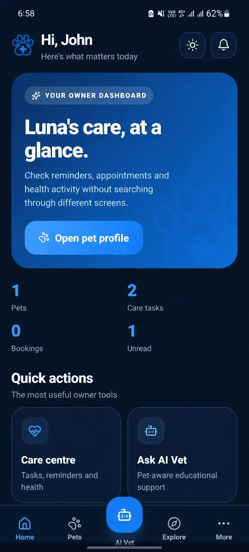 PetCare+ mobile owner dashboard