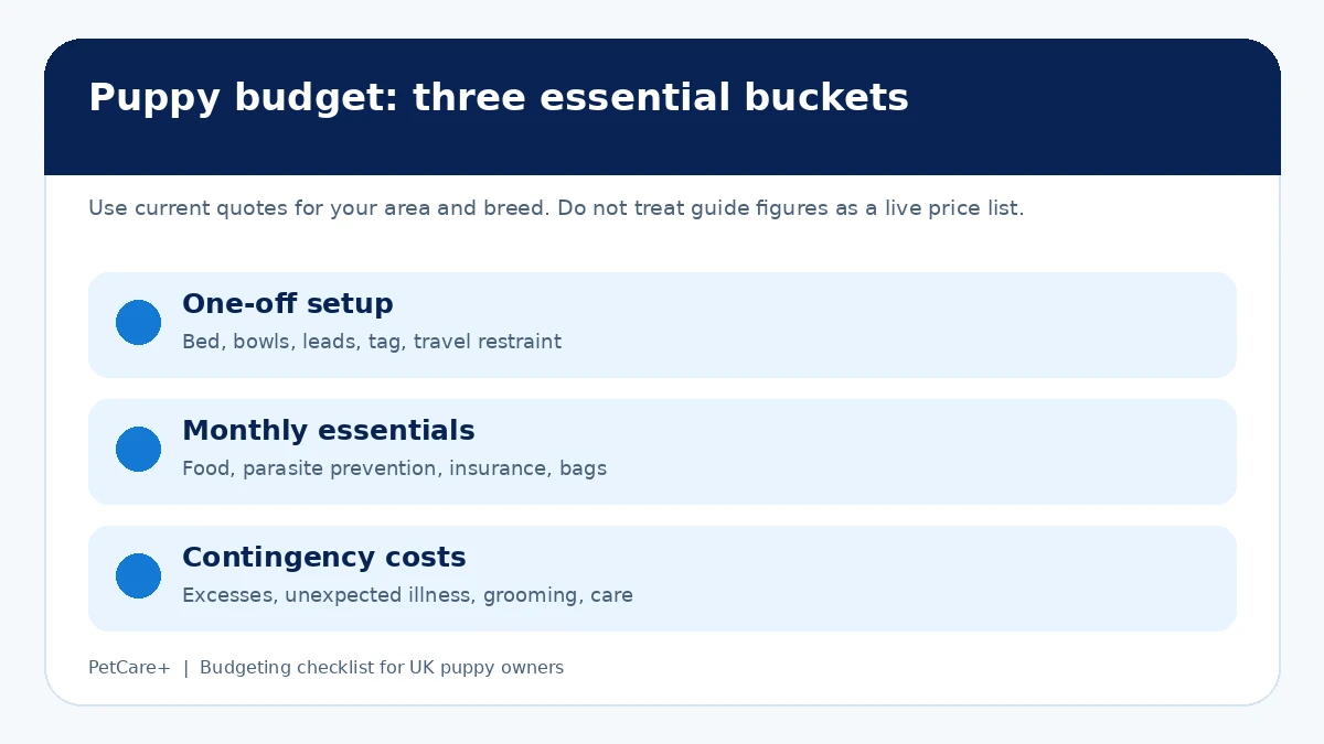 Diagram showing three puppy budgeting categories: initial setup, monthly essentials and contingency costs