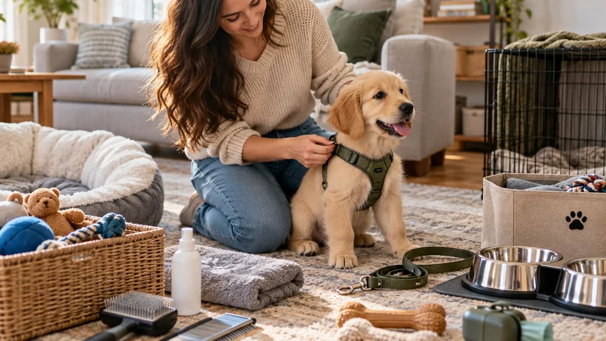 Puppy being fitted with a comfortable harness beside bedding and toys in a British living room