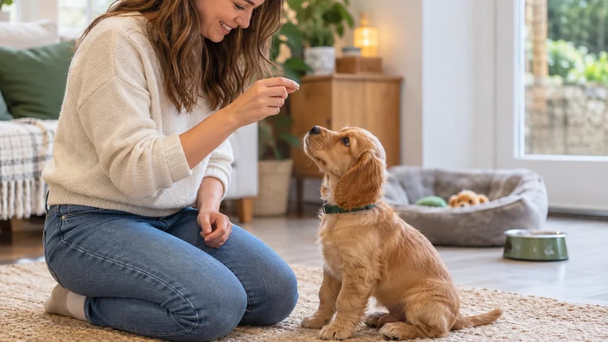 Owner rewarding a young puppy during gentle training at home