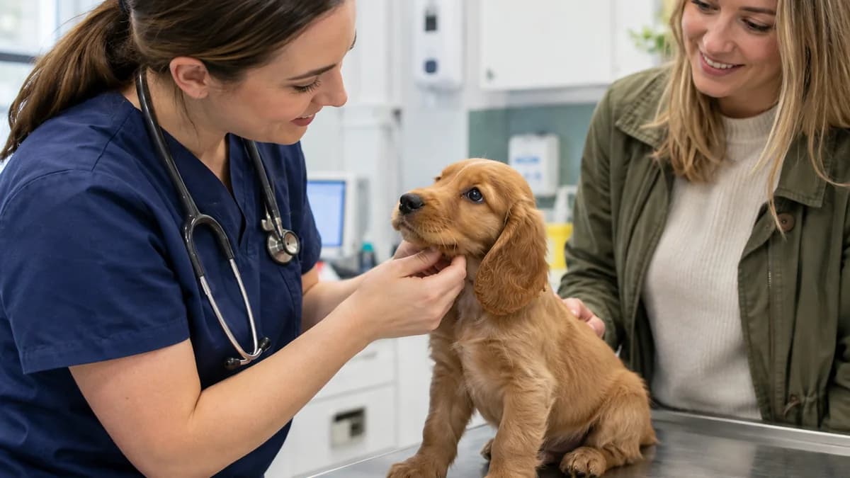 Vet examining a golden puppy while their owner observes