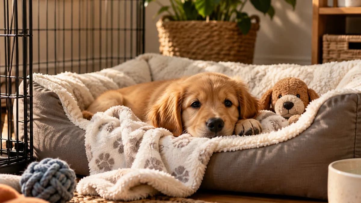 Golden puppy resting in a cushioned bed with a comforting toy beside its crate