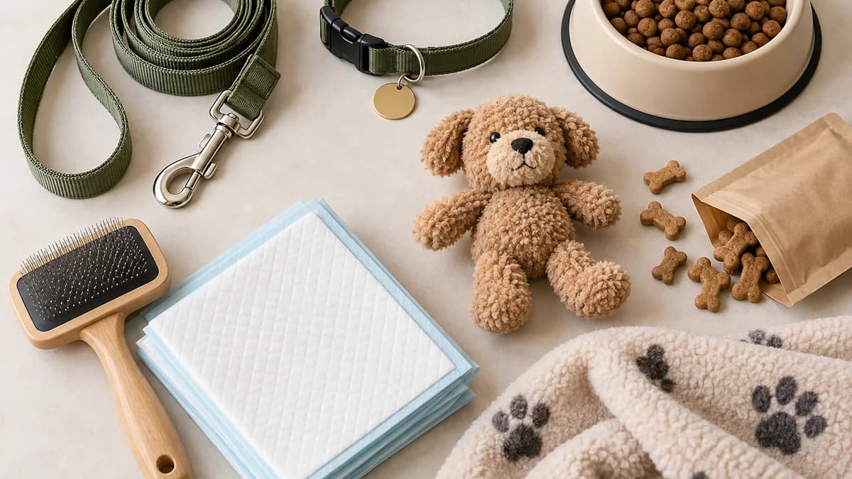 Flat lay of puppy collar, lead, treats, bowl, brush, pads and soft toy