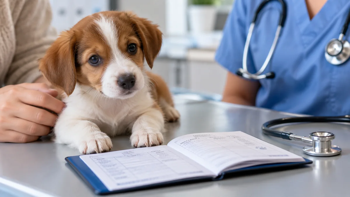 Young puppy at the vet beside an open vaccination record booklet