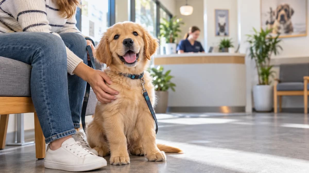 Happy golden puppy beside its owner at a veterinary appointment